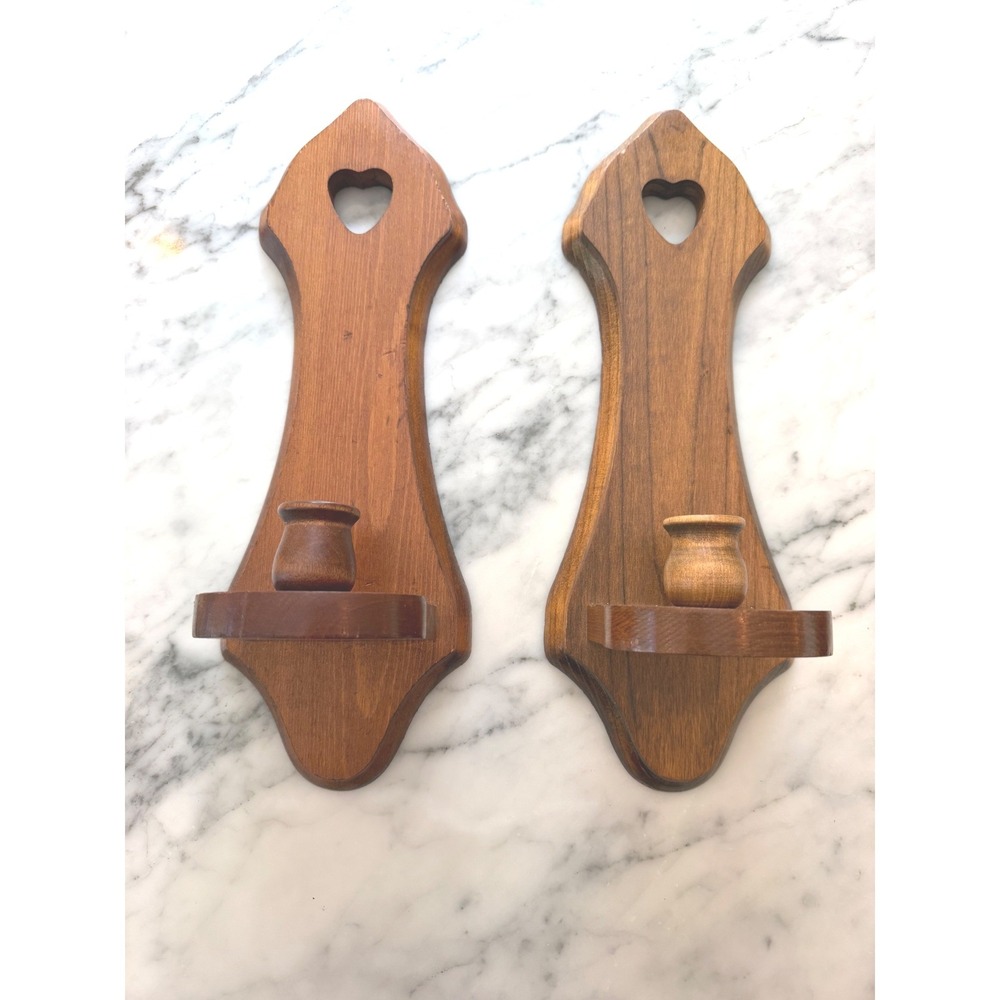 Vintage 70s Pair Wood Heart Cutout Wall Sconce Candle Holders Farmhouse Decor